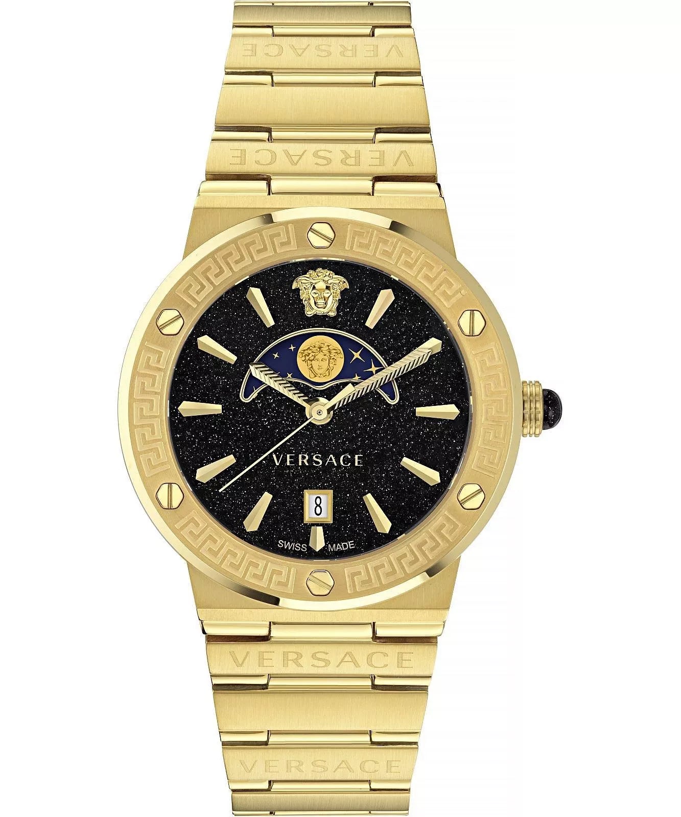 Versace Greca Logo Moonphase Black Dial All Gold Swiss Movt Watch - VE7G00323