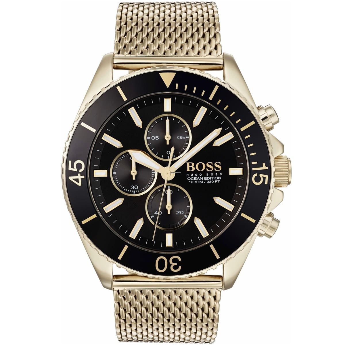 Gold watch with black face on a white background