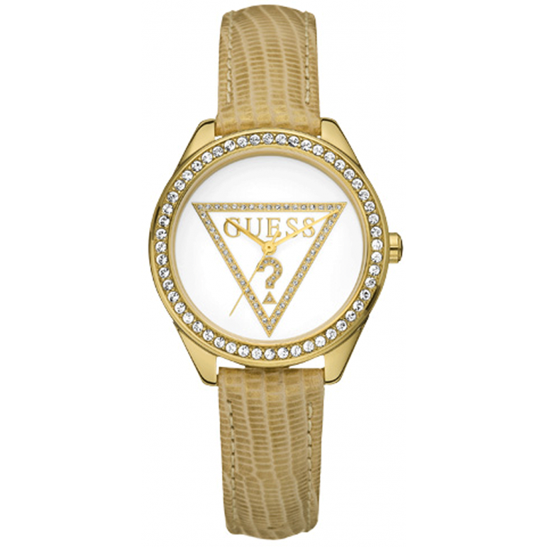 Guess Mini Triangle White Dial Leather Strap Ladies Watch W70015L1