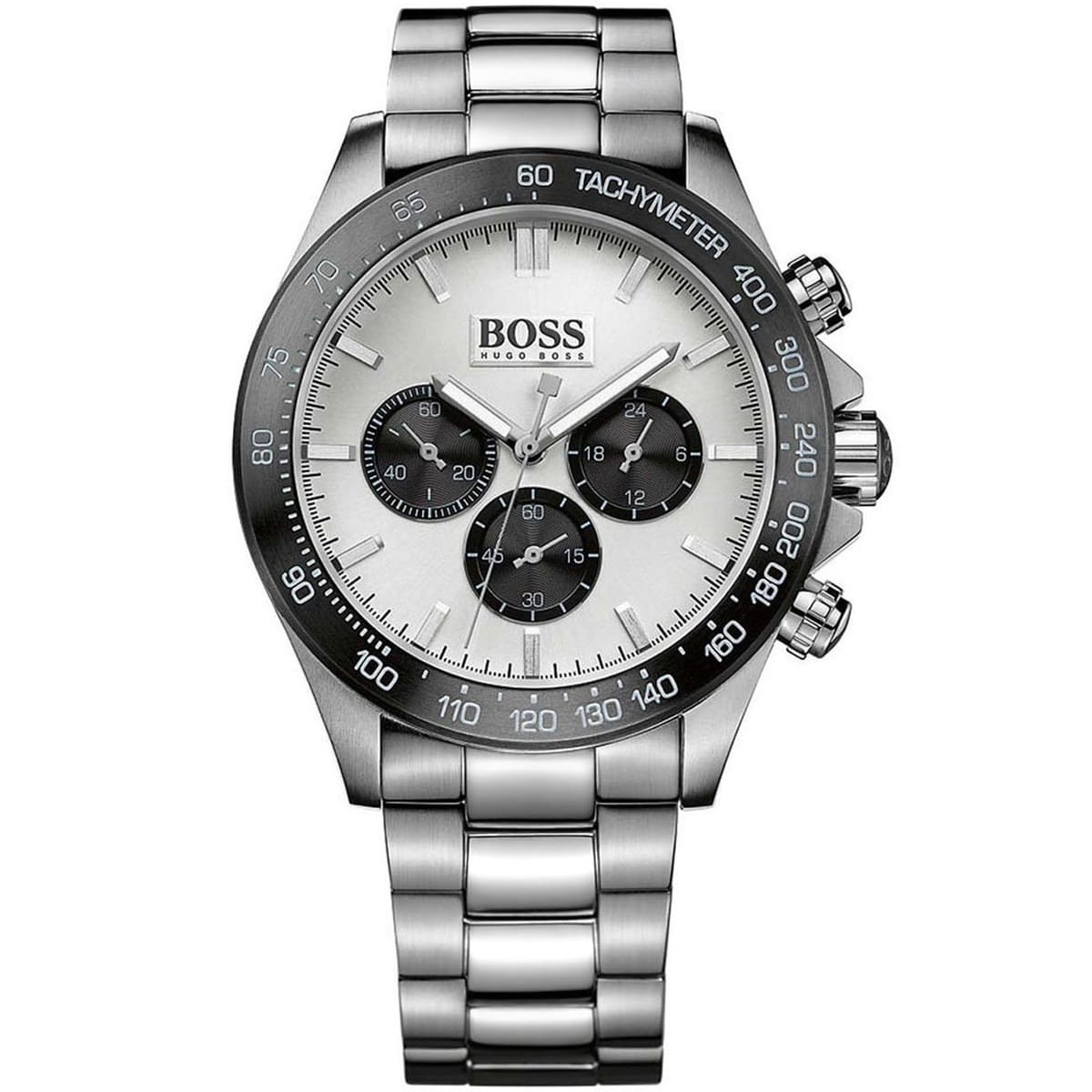 Hugo Boss Ikon chronograph watch with silver dial, steel case, and steel bracelet