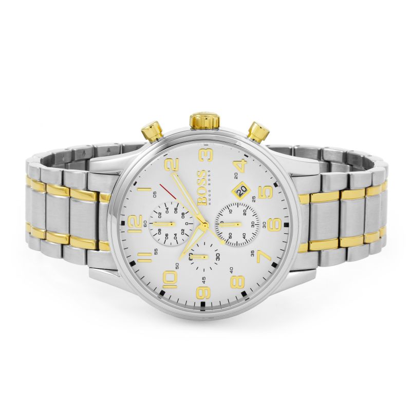 Hugo Boss Aeroliner Chronograph White Dial Two-tone Men's Watch 1513236 Water resistance: 50 meters / 165 feet Movement: Quartz