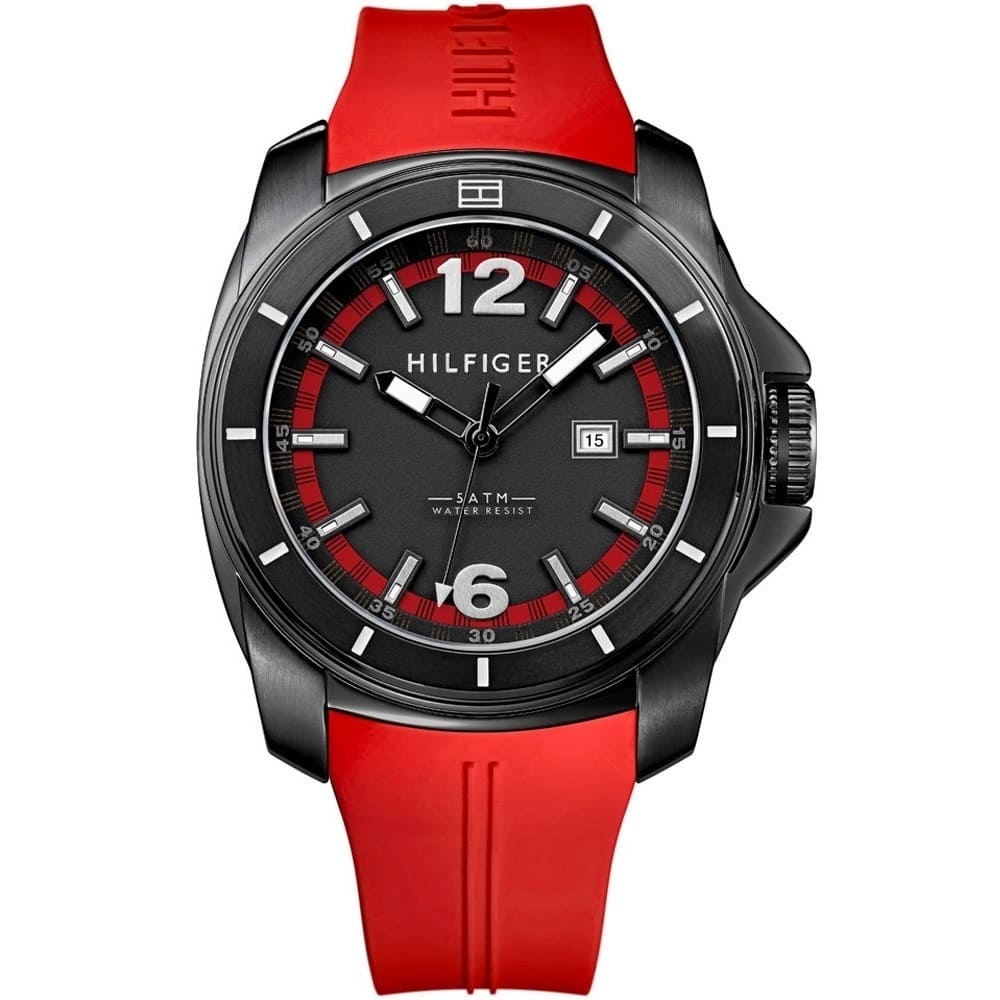 Tommy Hilfiger Black Dial Red Rubber Strap Men's Watch 1791112