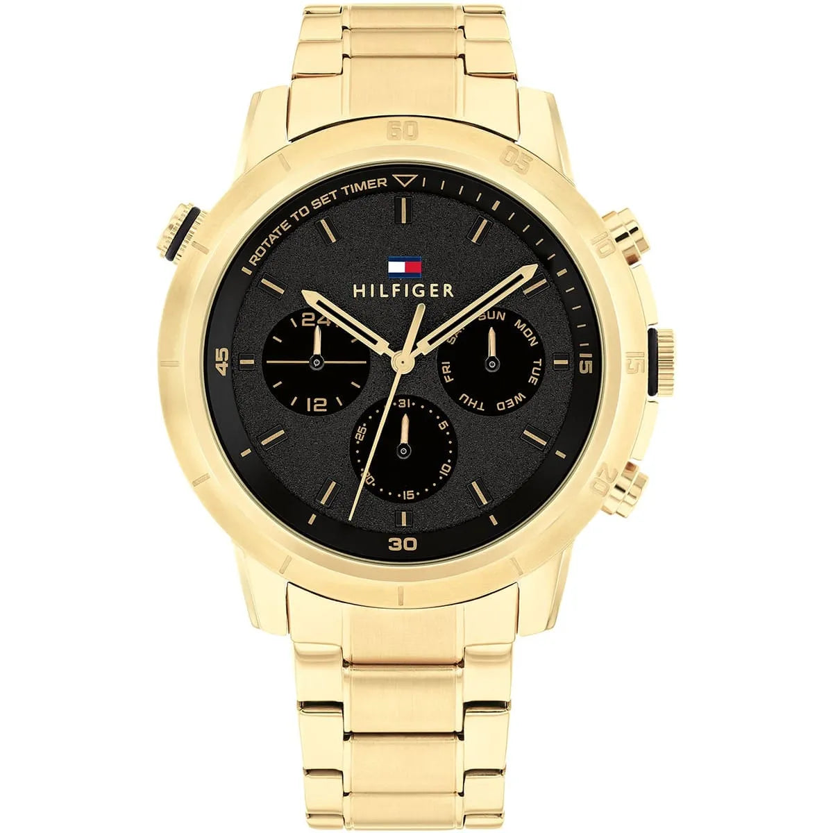 Tommy Hilfiger Troy Chronograph Black Dial Gold Steel Strap Watch For Men - 1792109