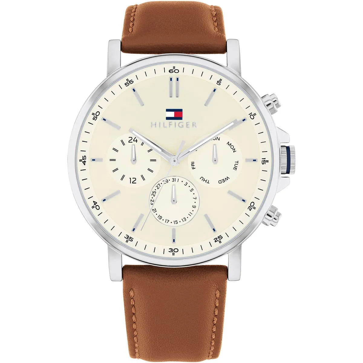 Tommy Hilfiger Tyson men's watch with parchment dial, brown leather strap, and chronograph subdials