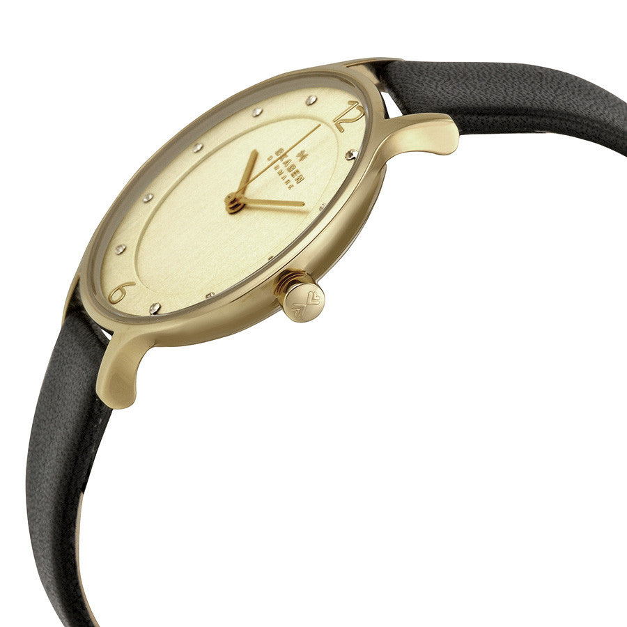 Skagen Anita Gold Dial Black Leather Ladies Watch SKW2266