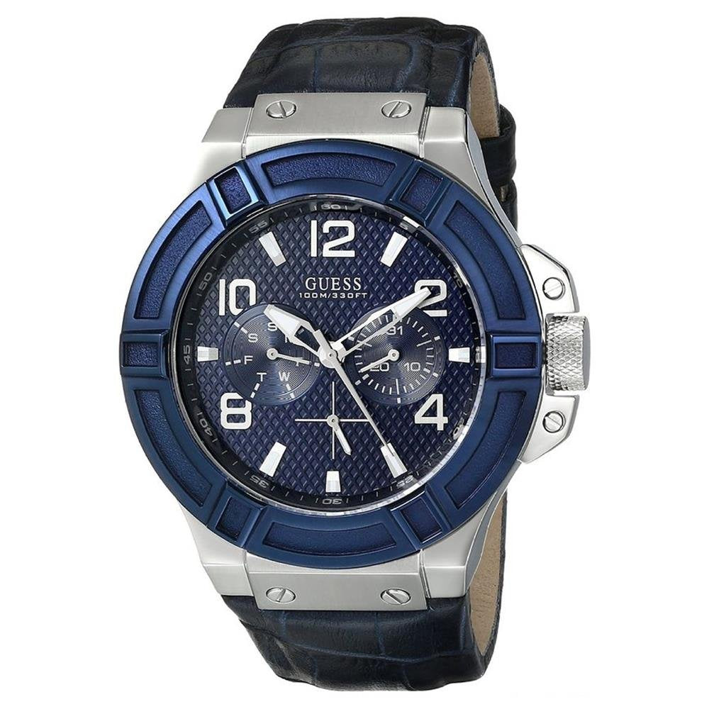 Guess Rigor Blue Dial Leather Strap Men's Watch W0040G7