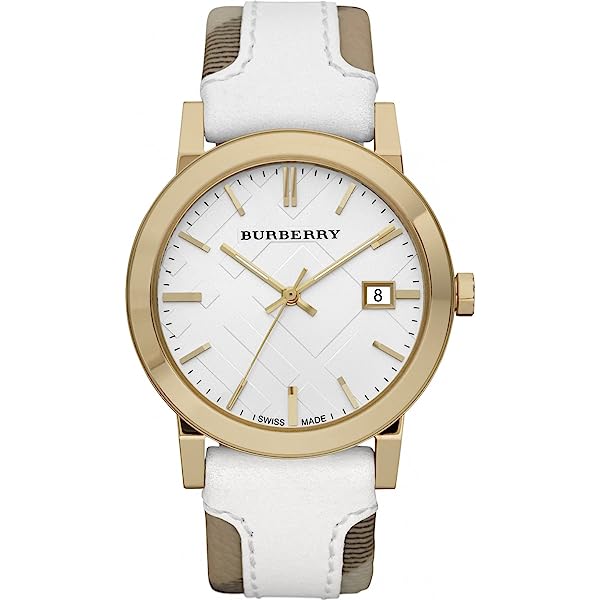 Burberry BU9015 Women's Swiss Heymarket Check Fabric and White Leather Band White Dial Women's Watch  BU9015 - Dawson Watches
