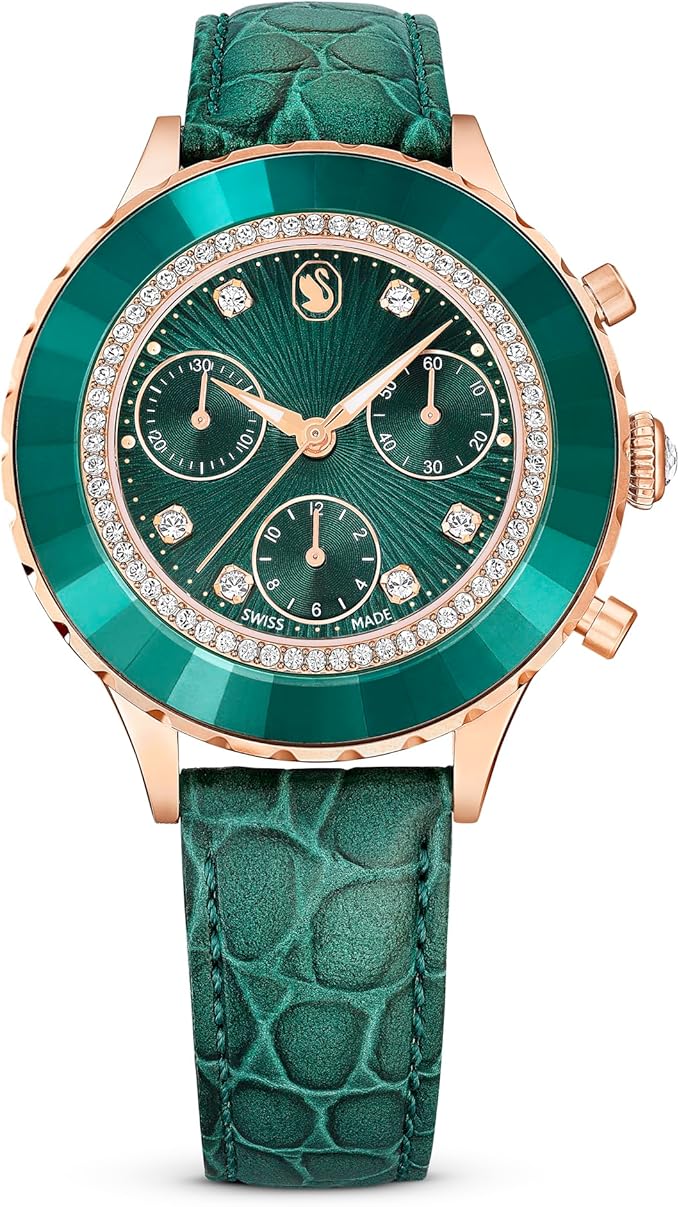 Swarovski Octea Chrono Faceted Crystal Bezel Green Dial Women's Watch 5672931