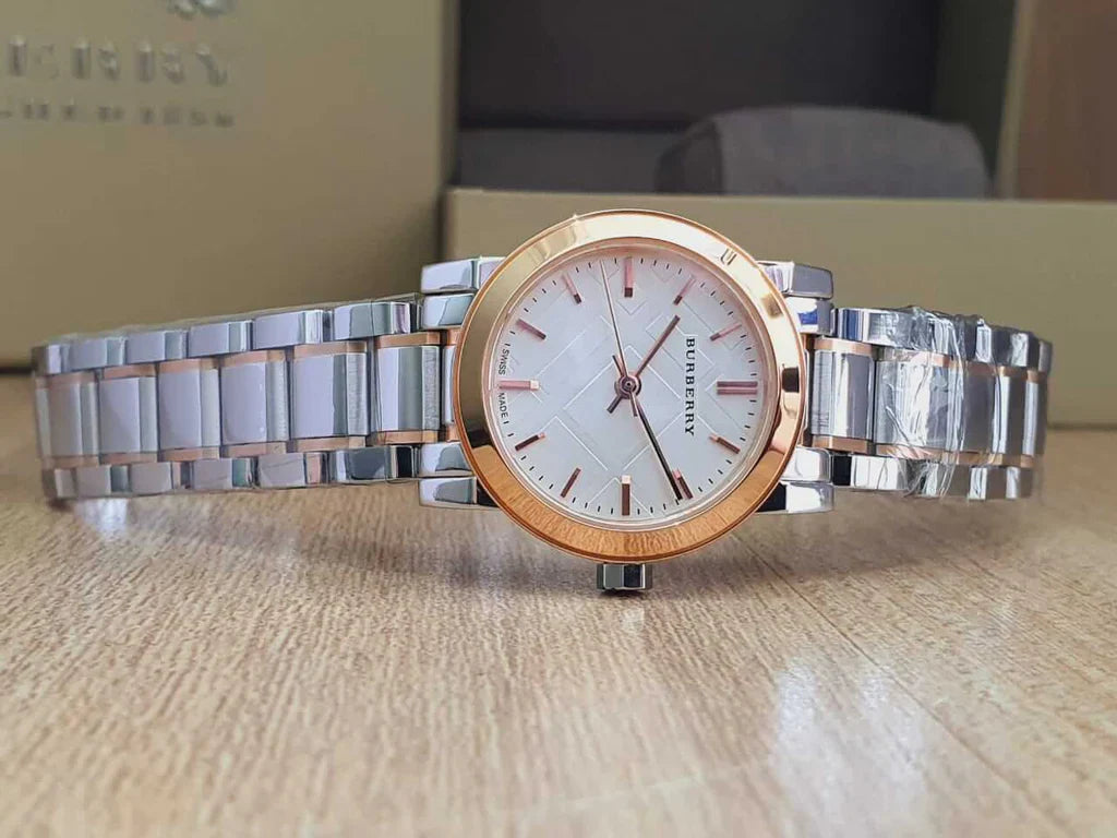 Burberry The City Check Stamped Silver Dial Two Tone Rose Gold Watch BU9205