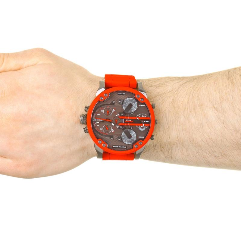 Diesel Kiwi Watches DZ7370 316L gunmetal stainless steel with red silicone link cover strap 4 Time zones 30m water resistant