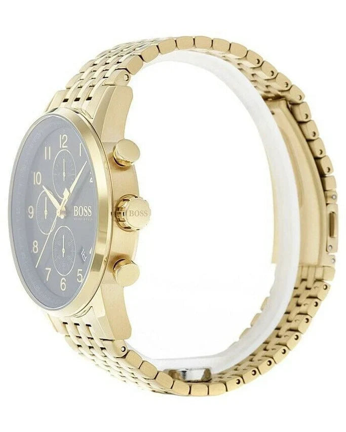 A Hugo Boss gold-tone metal watch with a round gray dial, featuring three subdials and a matching gold-tone link bracelet.