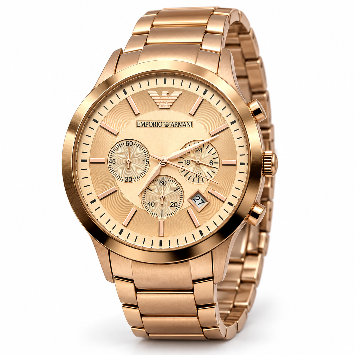 A gold-tone stainless steel chronograph watch by Emporio Armani, featuring a matching gold dial with three subdials, a date window, and a gold link bracelet, set against a plain white background.
