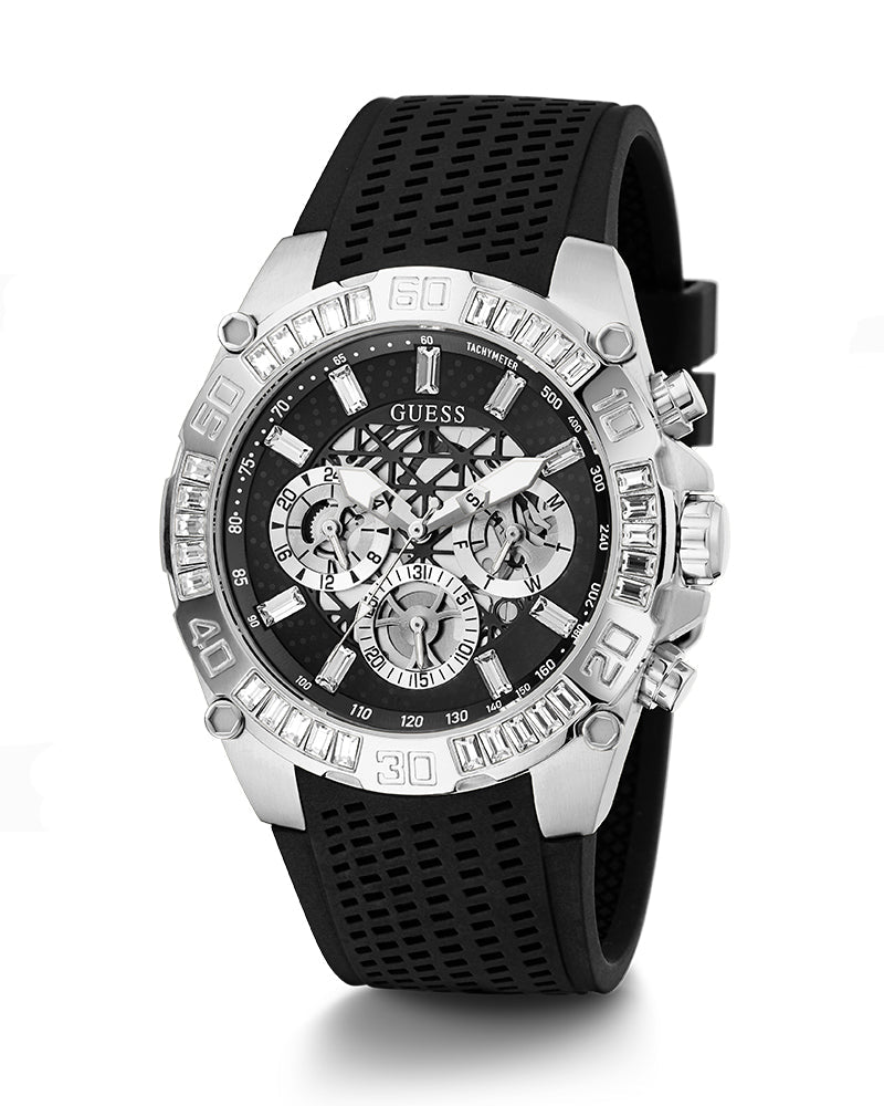 Guess Trophy Silver Tone Silicone Strap Men's Watch GW0333G1