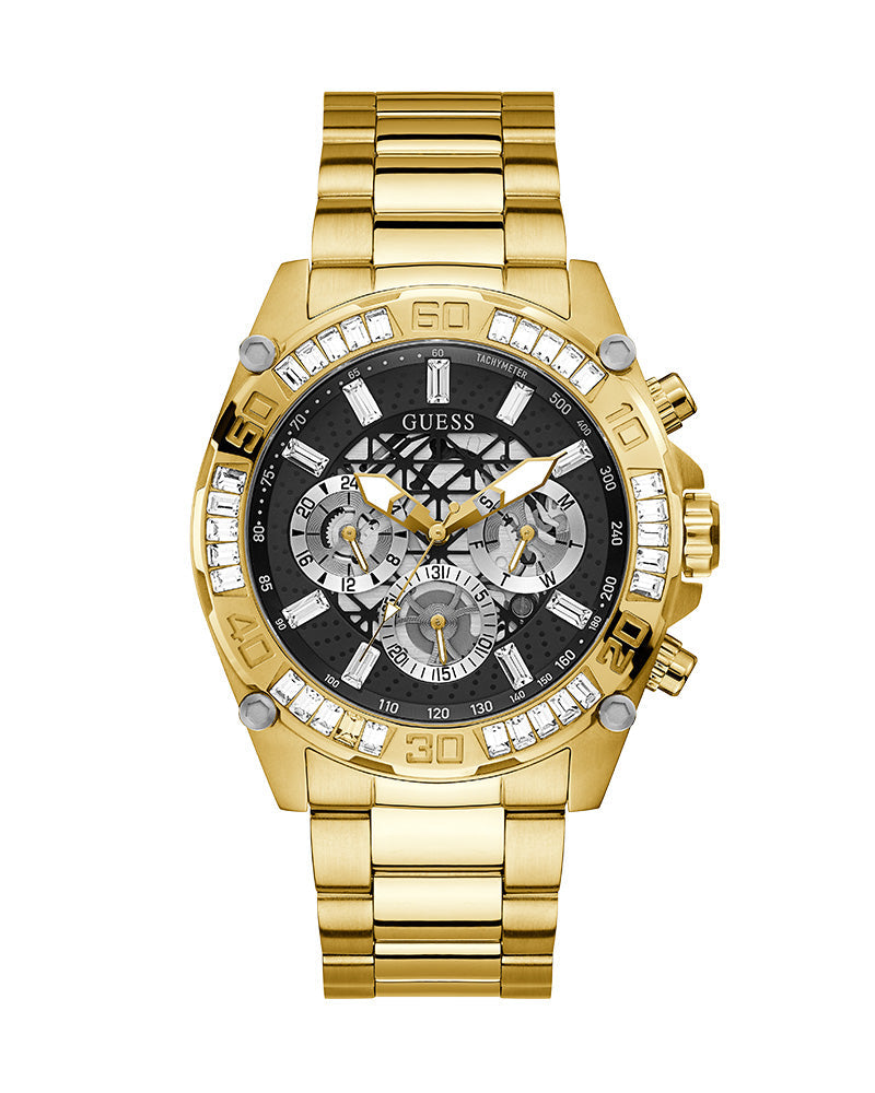 Guess Men's Watch Gold Case with Crystals Black Multi-Function Dial Gold Steel Bracelet Men's Watch  GW0390G2 - Dawson Watches