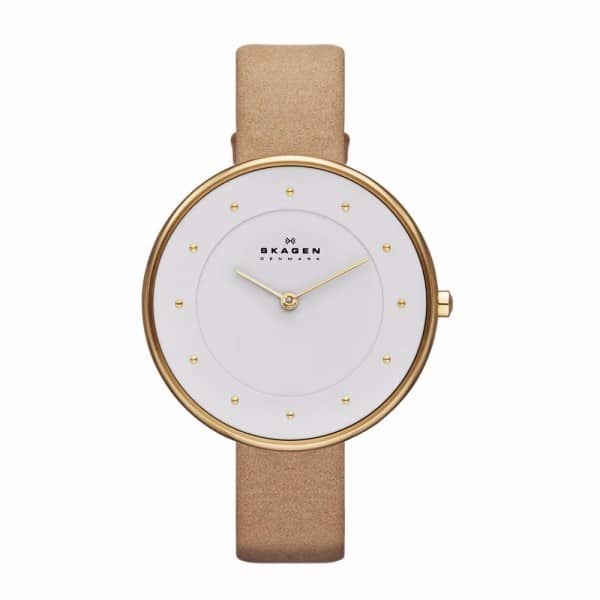 Skagen White Dial Beige Leather Strap Ladies Watch SKW2137