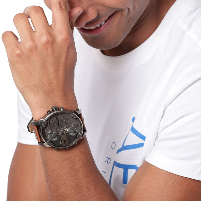 Diesel Big Daddy DZ7413 316L gunmetal stainless steel 3ATM (30m) water resistant 4 Time zones (GMT)