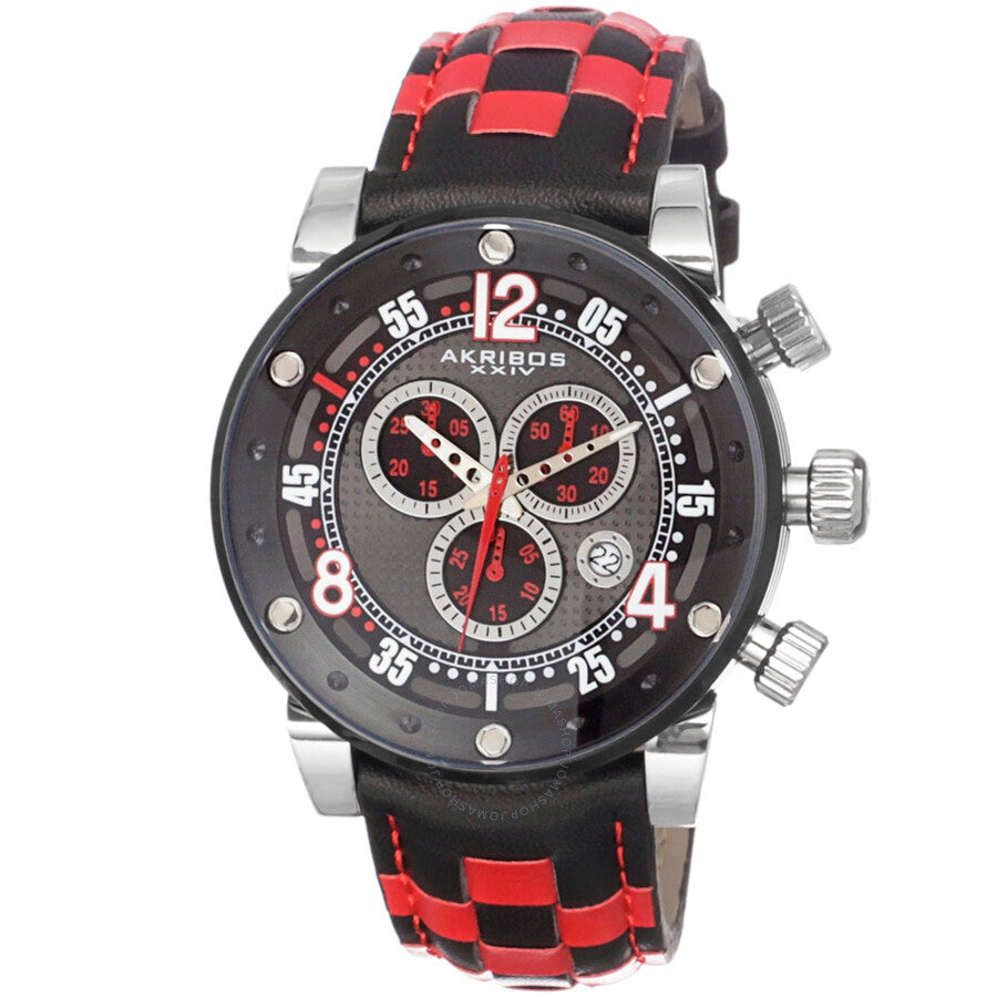 Akribos XXIV Explorer Chronograph Black Dial Checkered Leather Men's Watch AK612RD - Dawson Watches