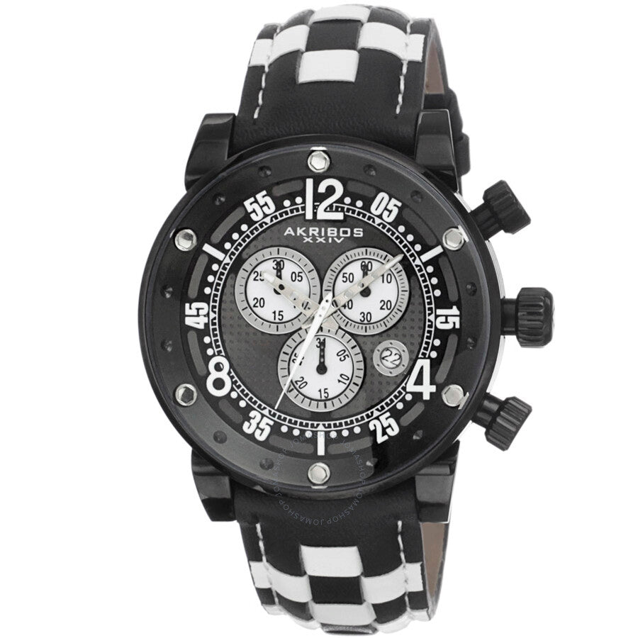 Akribos XXIV Explorer Chronograph Steel Black and White Checkered Leather Strap Watch AK612BK - Dawson Watches