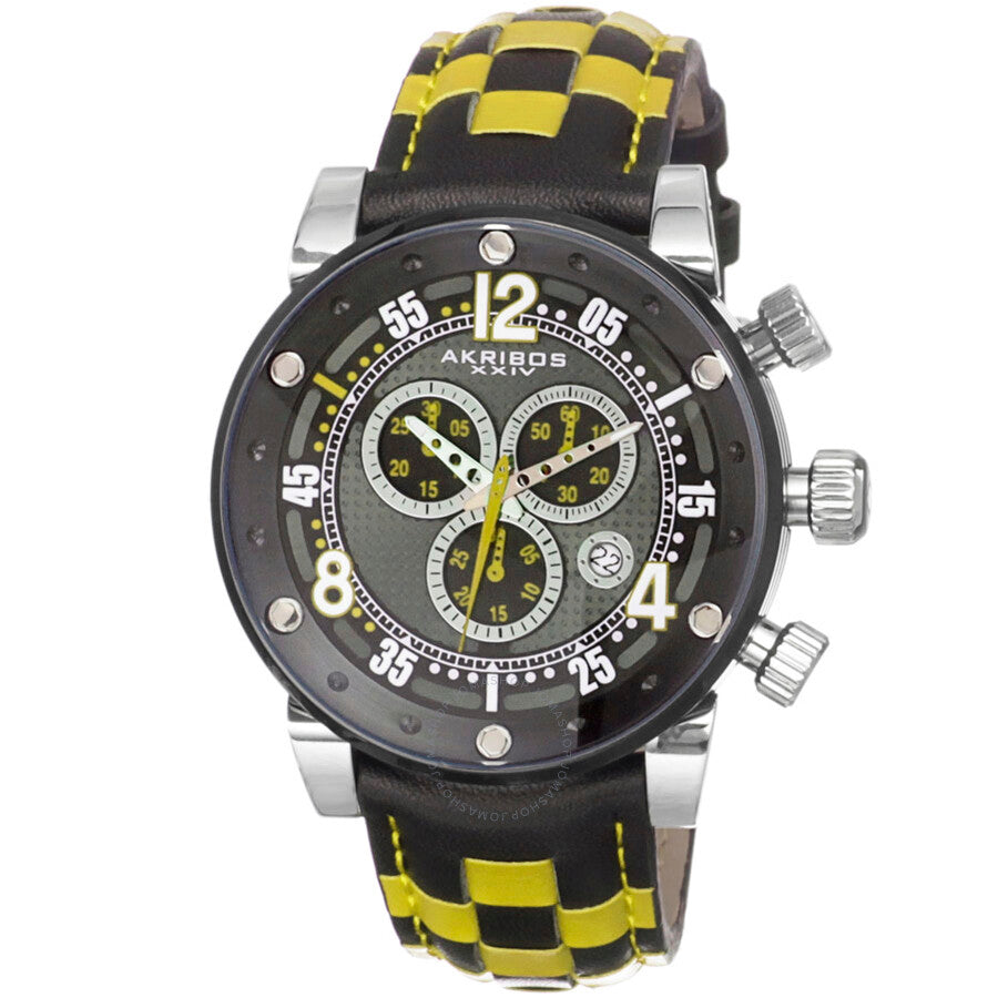 Akribos XXIV Explorer Chronograph Steel Black and White Checkered Leather Strap Watch AK612YL - Dawson Watches