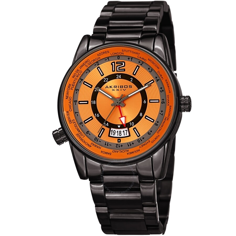 Akribos XXIV World Time Quartz Orange Dial Men's Watch AK1021GNOR - Dawson Watches