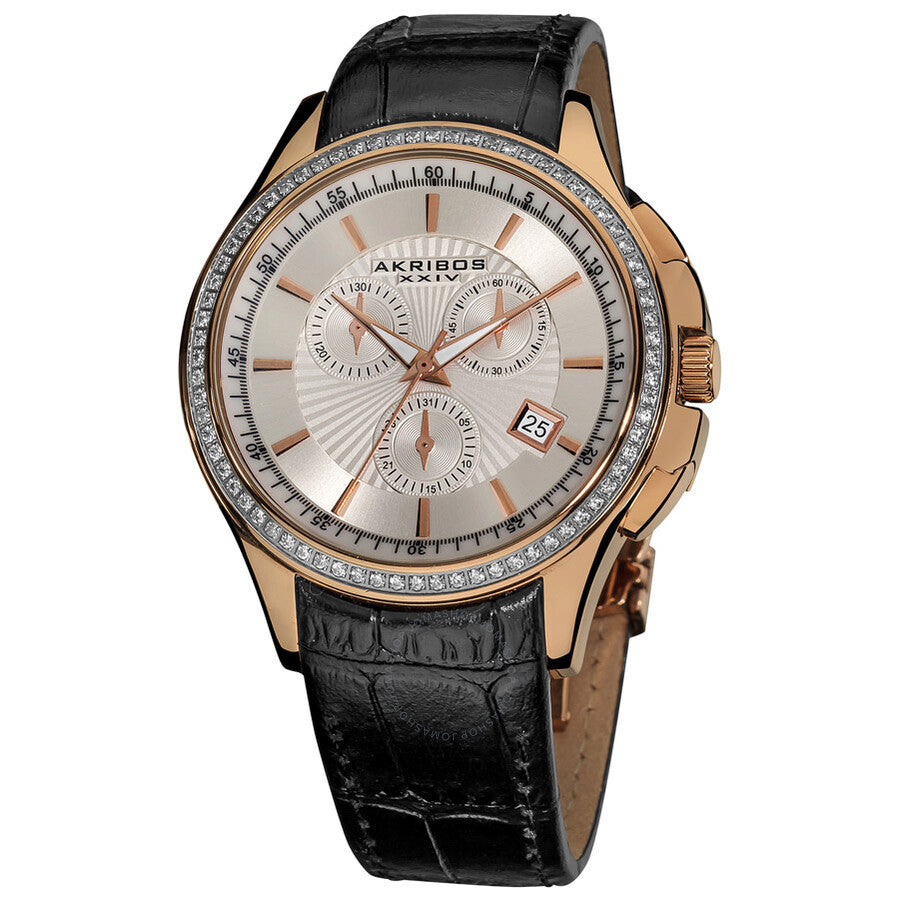 Akribos XXIV Grandiose Crystal Chronograph Rose Gold-tone Steel Black Leather Strap Men's Watch AK615RG - Dawson Watches