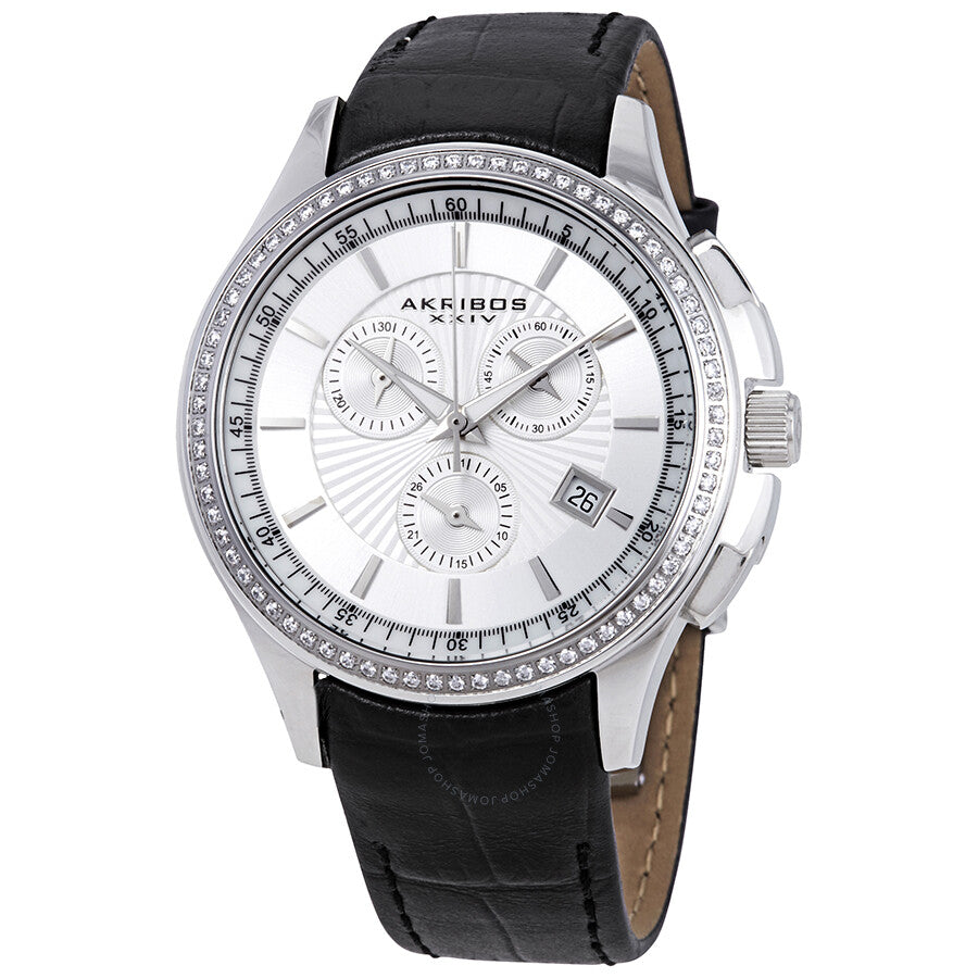 Akribos XXIV Grandiose Crystal Chronograph Steel Black Leather Men's Watch AK615SS - Dawson Watches