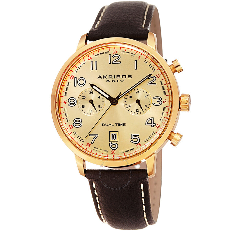Akribos XXIV Dual Time Giold Dial Men's Watch AK1023YGBR - Dawson Watches