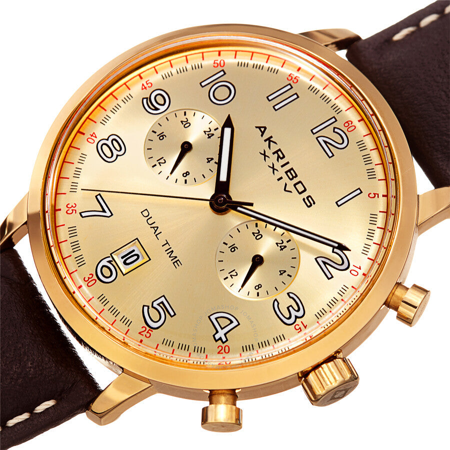 Akribos XXIV Dual Time Giold Dial Men's Watch AK1023YGBR - Dawson Watches #2