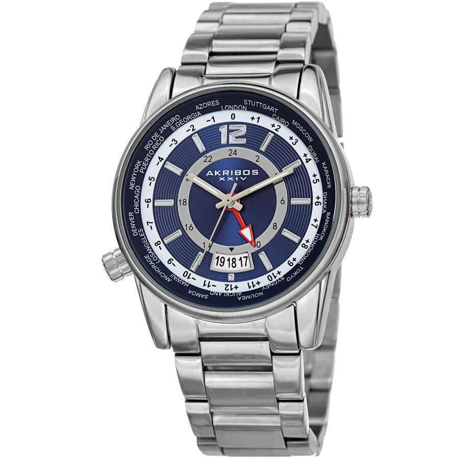 Akribos XXIV World Time Quartz Blue Dial Men's Watch AK1021SSBU - Dawson Watches