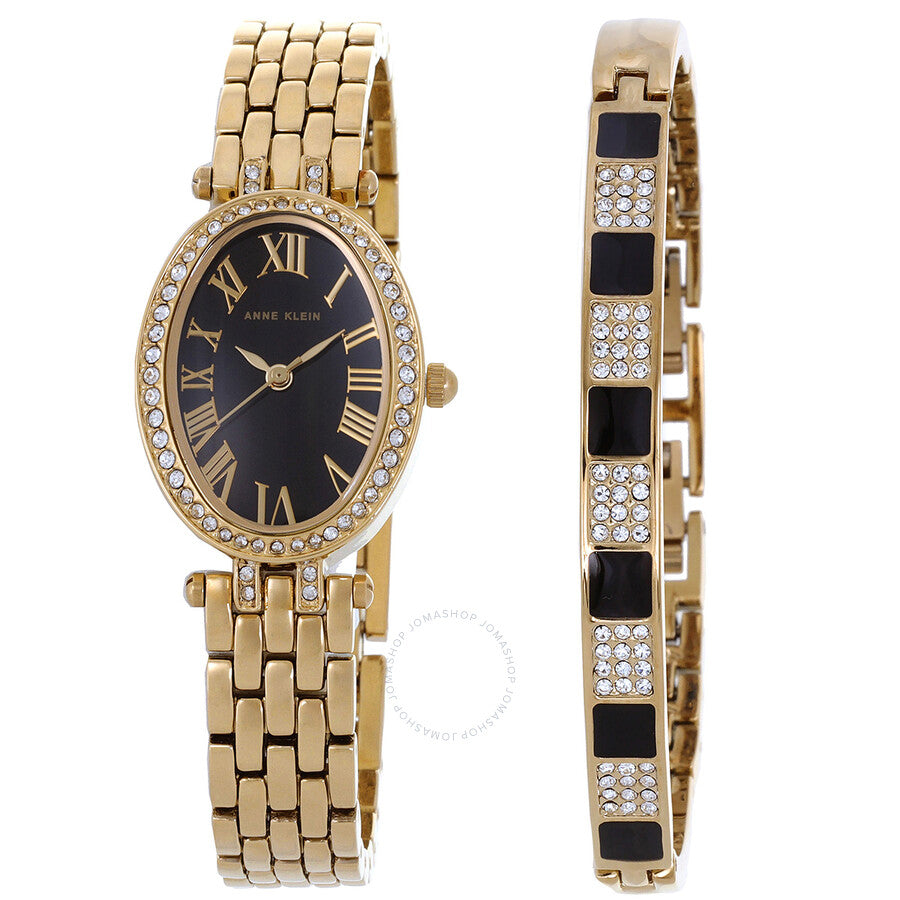 Anne Klein Quartz Crystal Black Dial Ladies Watch and Bracelet Set AK/4076BKST - Dawson Watches