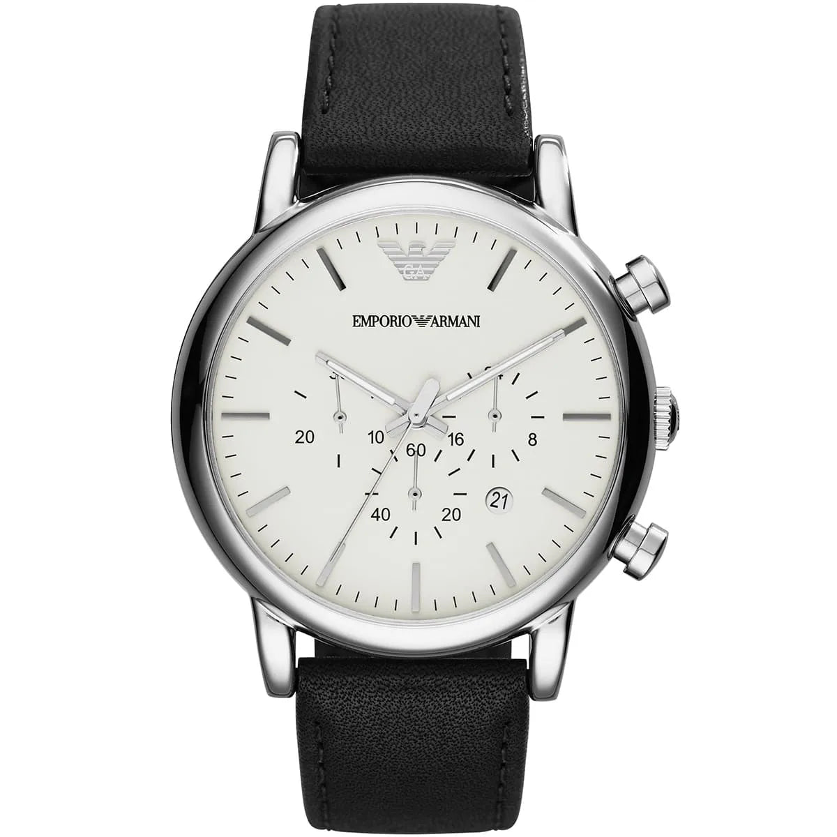 Emporio Armani AR1807 chronograph watch with white dial and black leather strap, front view