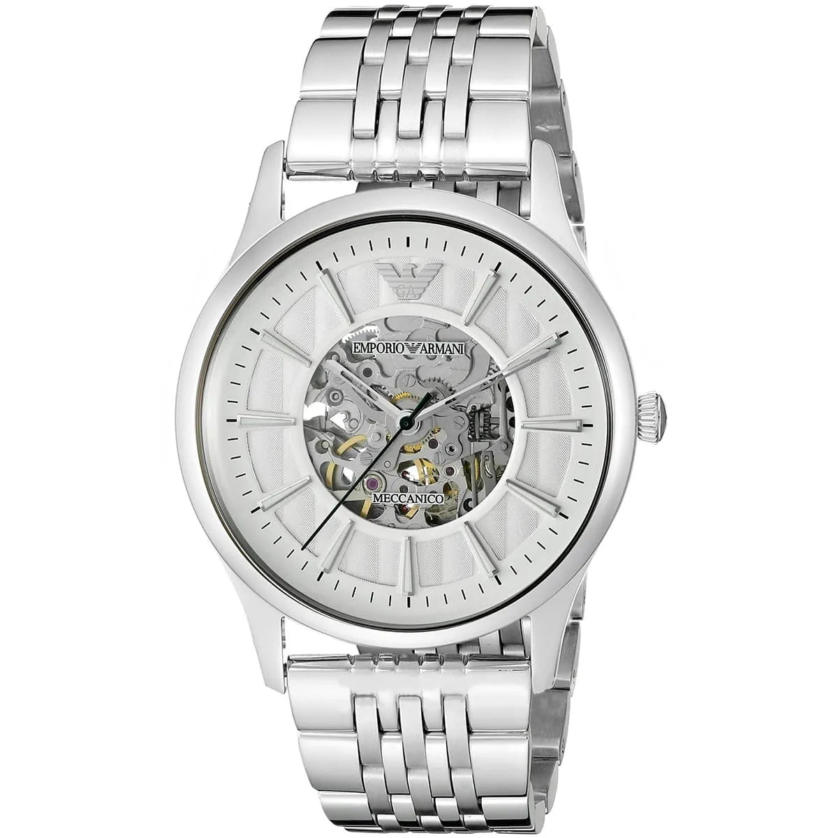 Emporio Armani Meccanico Skeleton Silver Dial Silver Steel Men's Watch AR1945