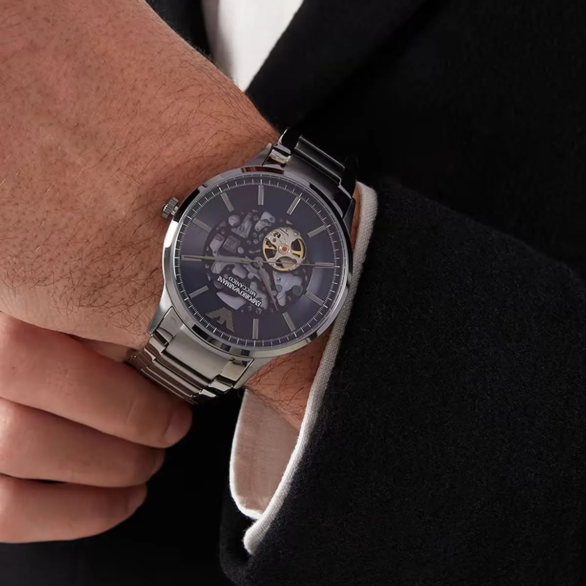 Emporio Armani Renato Meccanico Automatic Sunray Blue Dial Gunmetal Men's Watch - AR60056