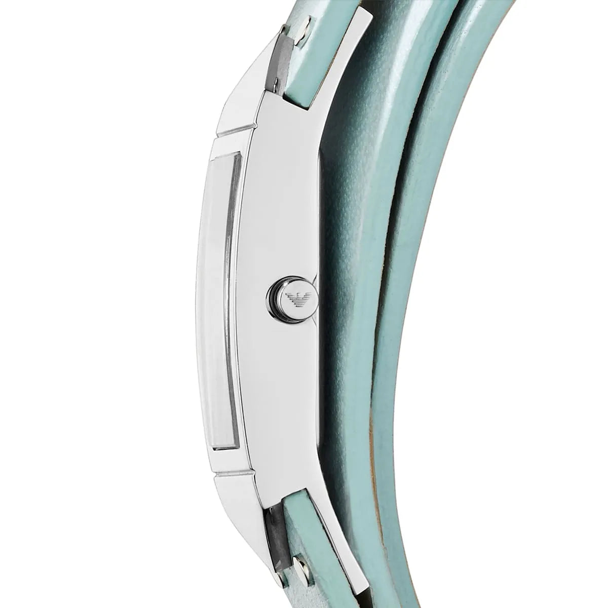 Side angle view of AR7355 Marco Catwalk watch case with white dial and blue leather strap