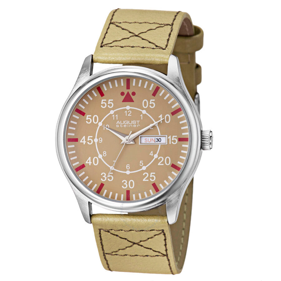 August Steiner Beige Leather Beige Dial Watch AS8074BK - The Watches Men & Co