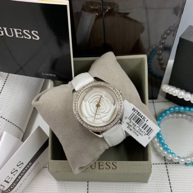 Guess Rosette White Dial Leather Strap Ladies Watch W75043L1