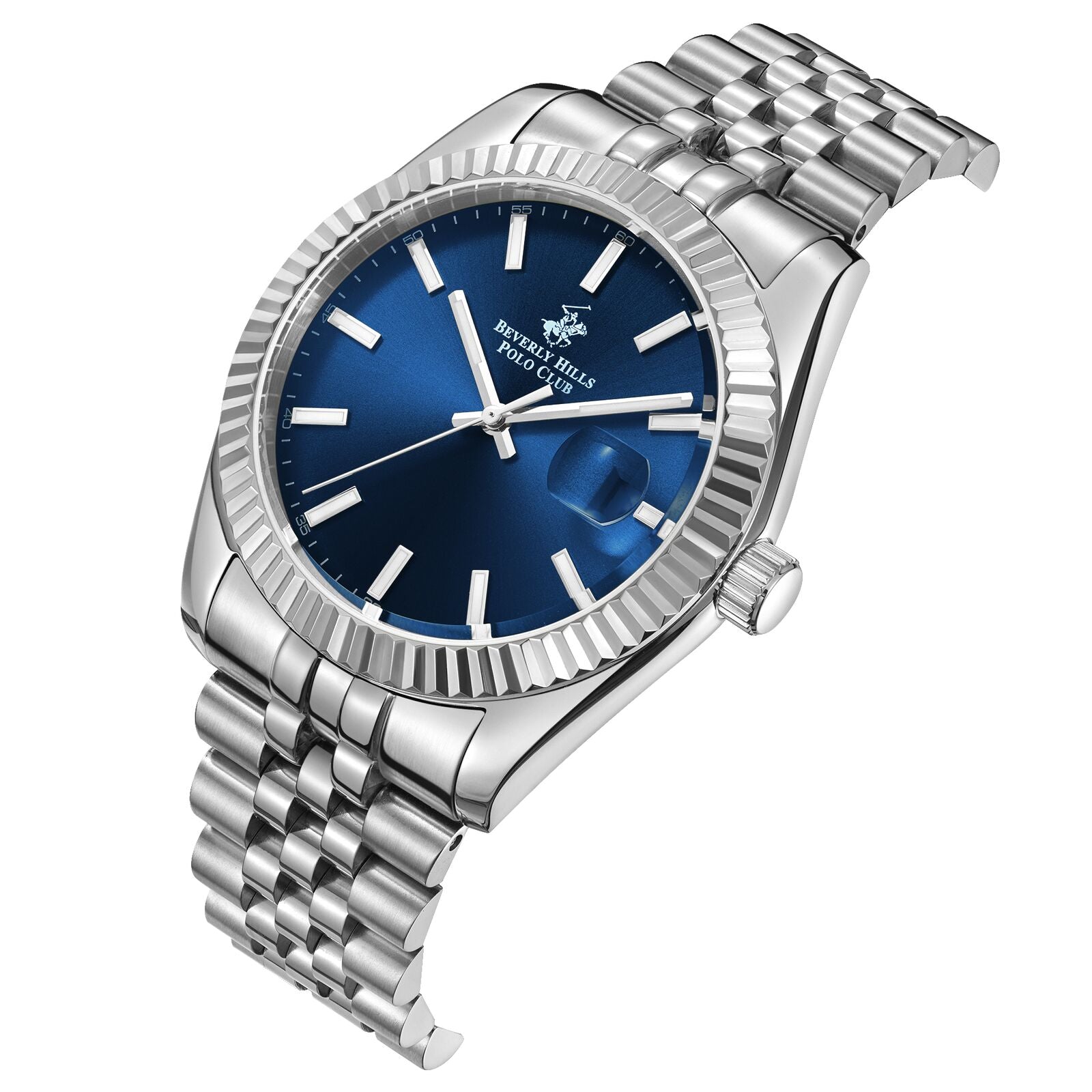 Silver stainless steel bracelet and blue dial watch viewed at angle with date window visible
