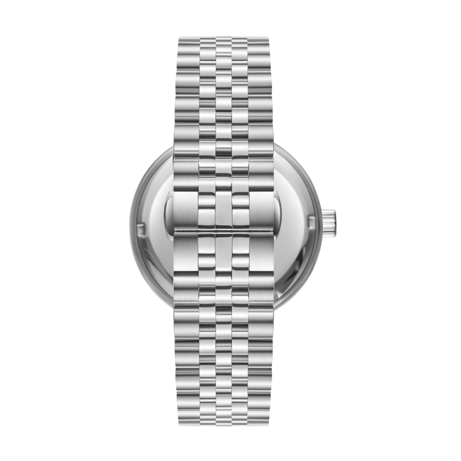 Silver stainless steel watch caseback with metal bracelet visible from rear view