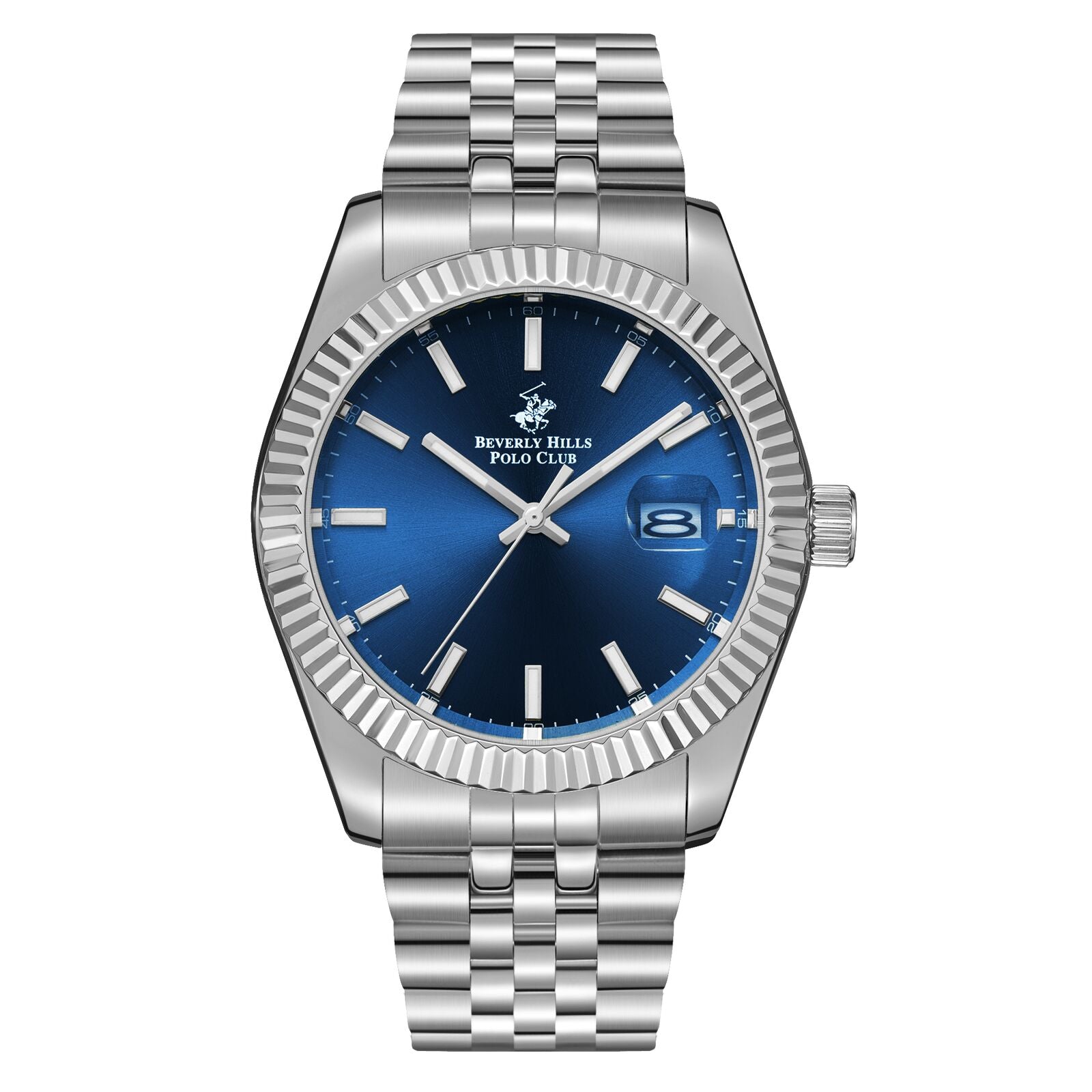 Beverly Hills Polo Club silver stainless steel watch with blue sunburst dial and date window
