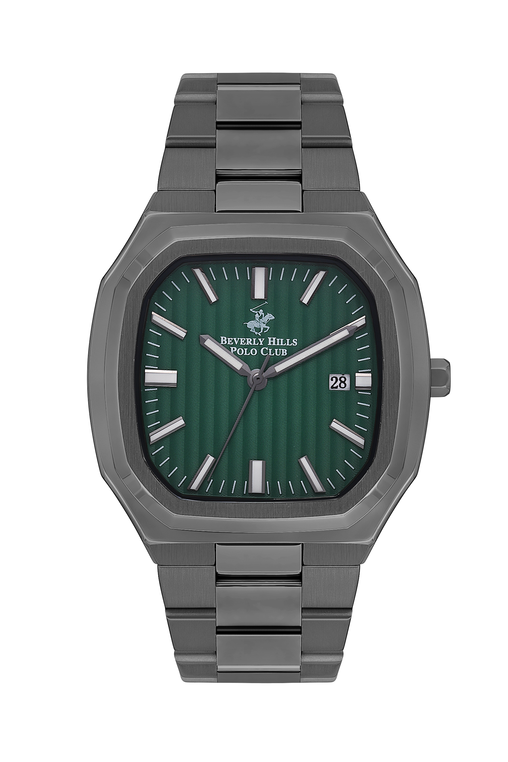 Beverly Hills Polo Club black stainless steel watch with green dial, white hour markers, and date window