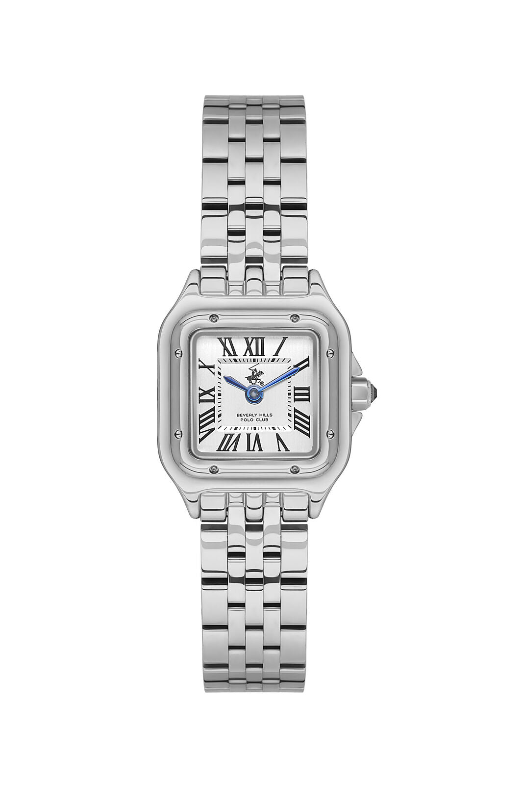 Beverly Hills Polo Club Roman Numeral watch with steel case, white dial, and steel bracelet