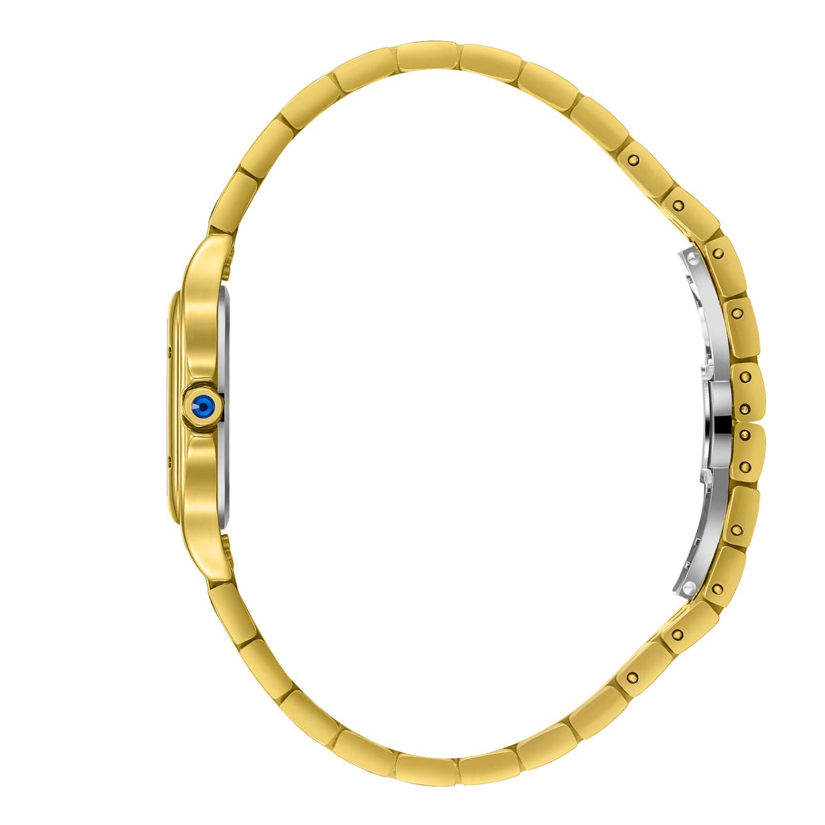 Side view of all-gold square watch and bracelet showing profile and blue crown