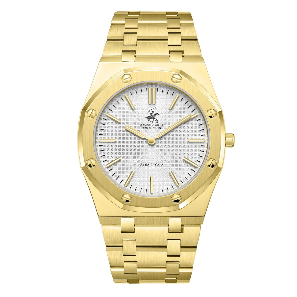 Beverly Hills Polo Club Slim Tech 5 all gold watch with white dial and gold bracelet