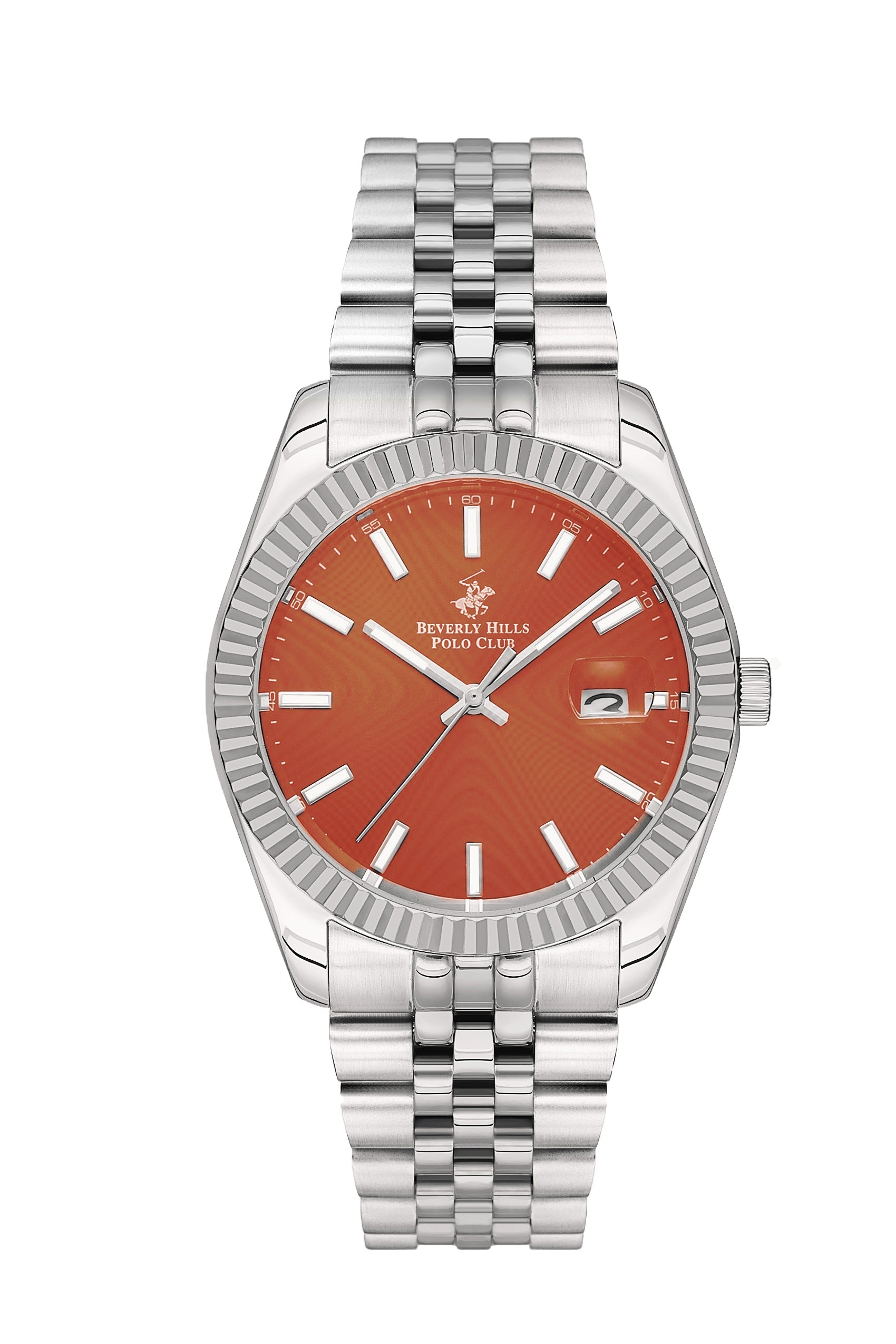 Beverly Hills Polo Club 41mm silver watch with orange dial and steel bracelet