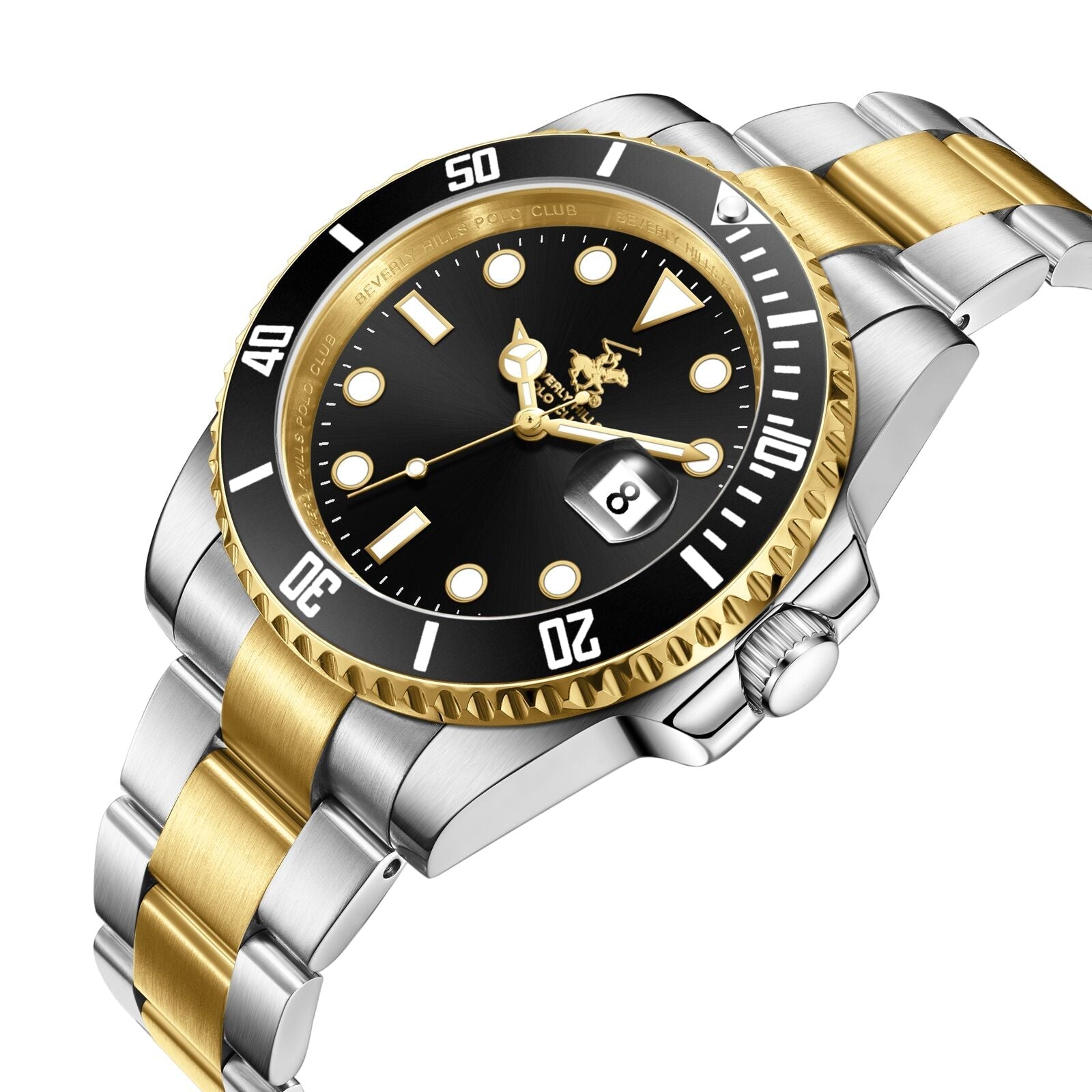 Two-tone black dial Beverly Hills Polo Club watch at angle showing gold and silver bracelet