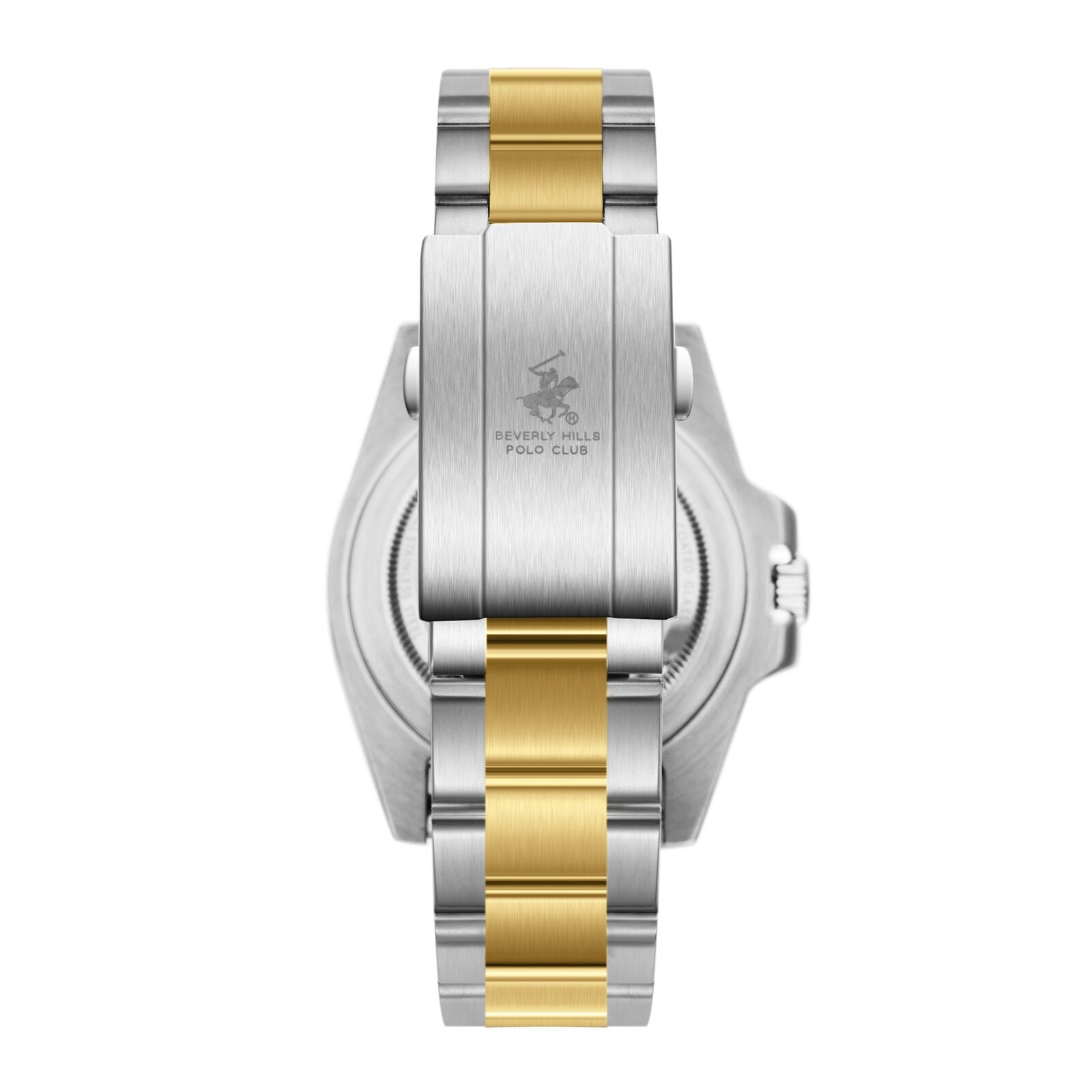 Caseback of Beverly Hills Polo Club two-tone watch with engraved branding