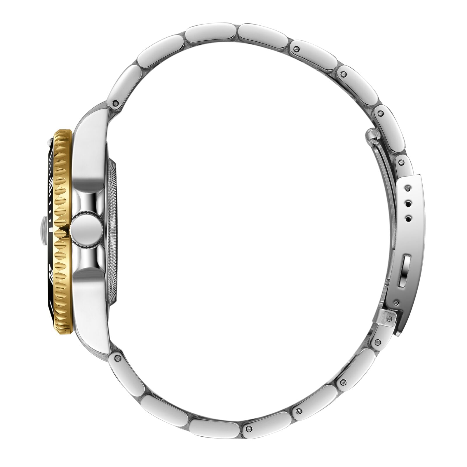 Side view of Beverly Hills Polo Club two-tone watch showing case profile and bracelet