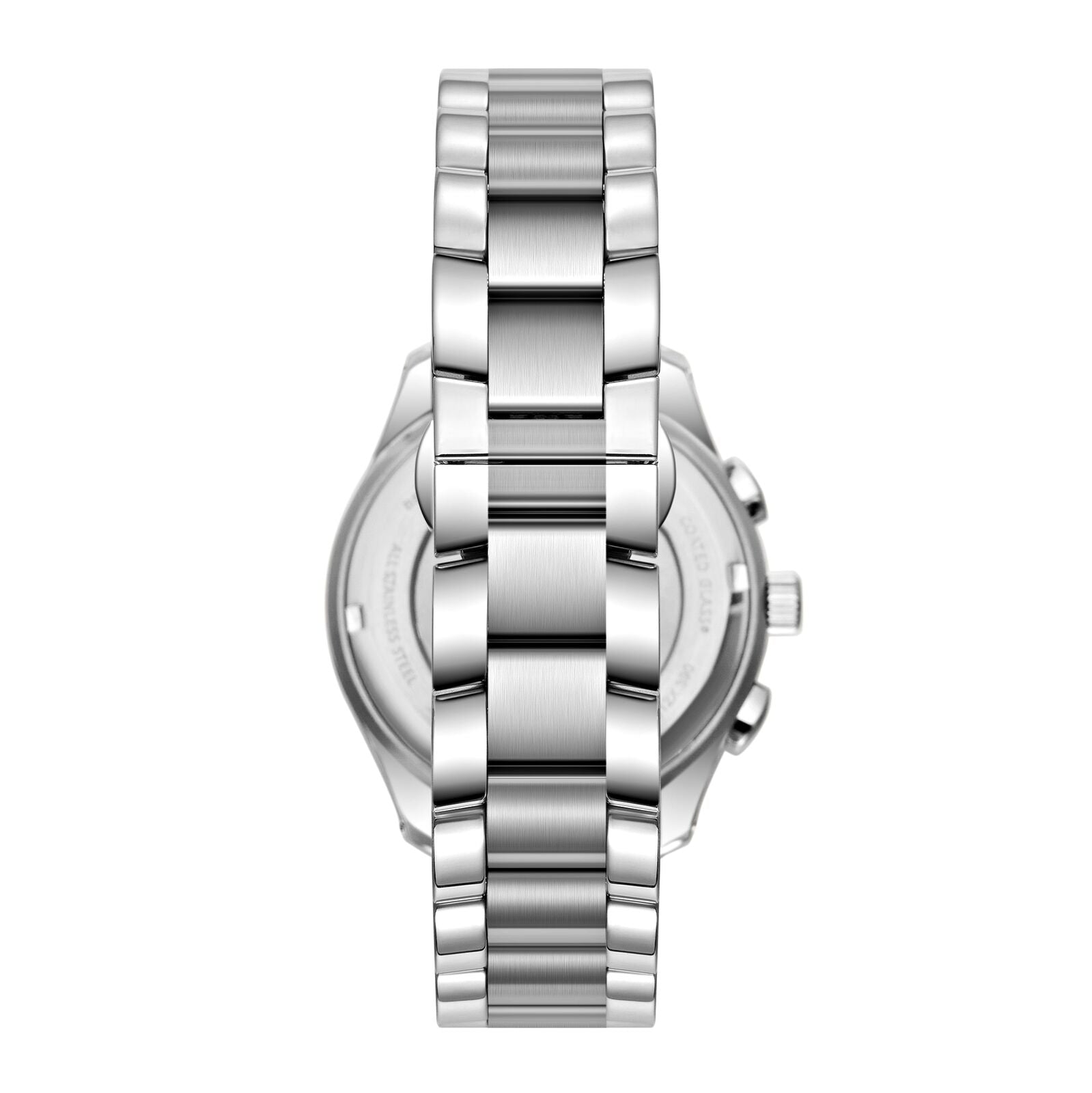 Beverly Hills Polo Club watch caseback view showing silver-tone stainless steel bracelet and lugs