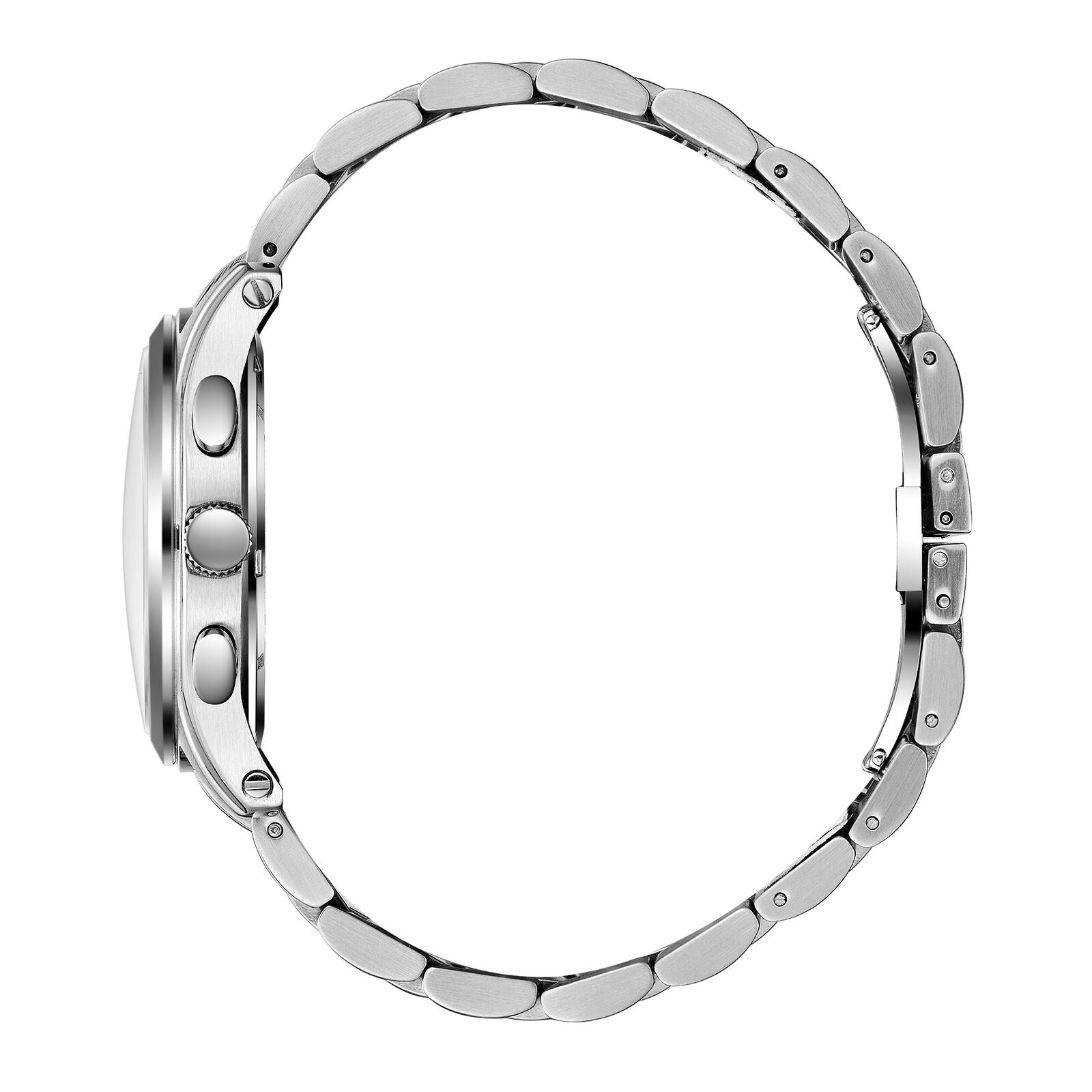 Beverly Hills Polo Club watch side profile showing silver-tone stainless steel bracelet and case