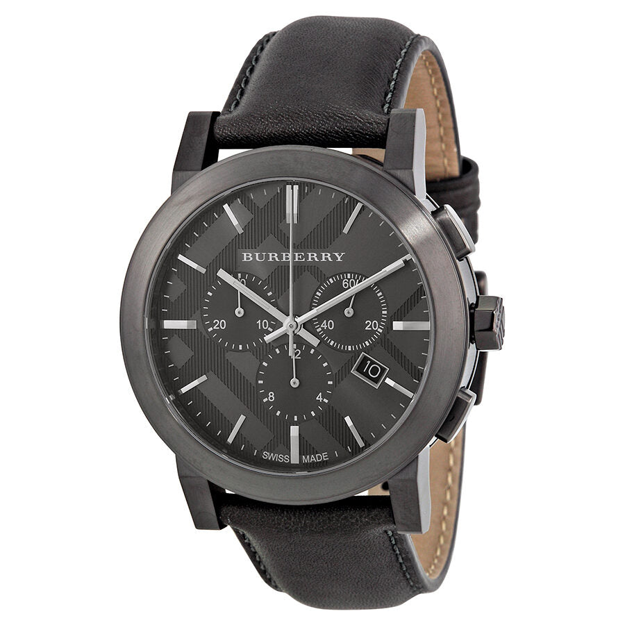 Burberry chronograph watch with dark grey dial, dark grey leather strap, and chronograph subdials